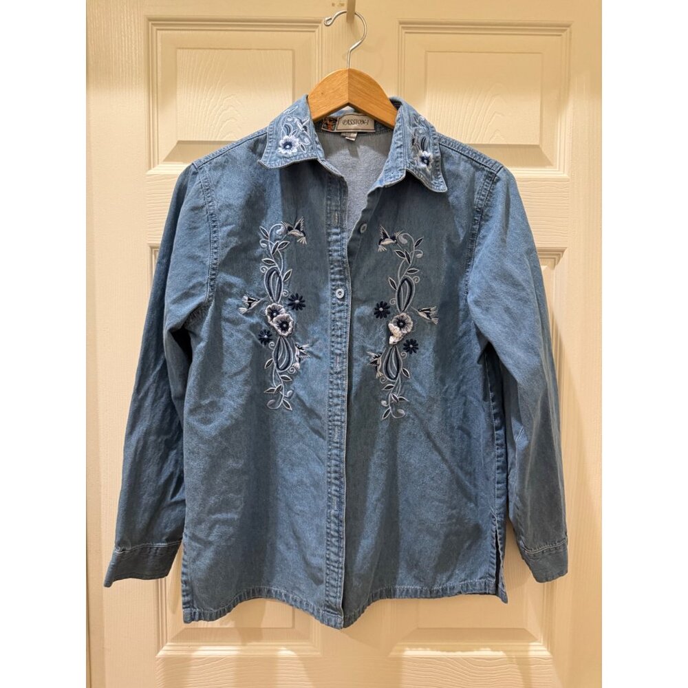 Vintage Passion-I Denim Shirt With Floral Embroidery & Bird Design
